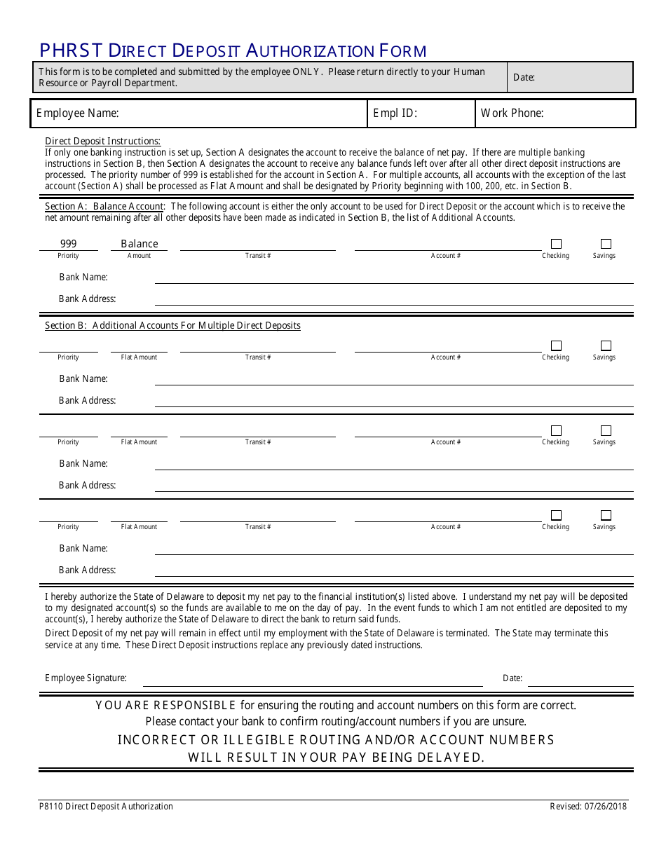 Form P8110 Phrst Direct Deposit Authorization Form - Delaware, Page 1