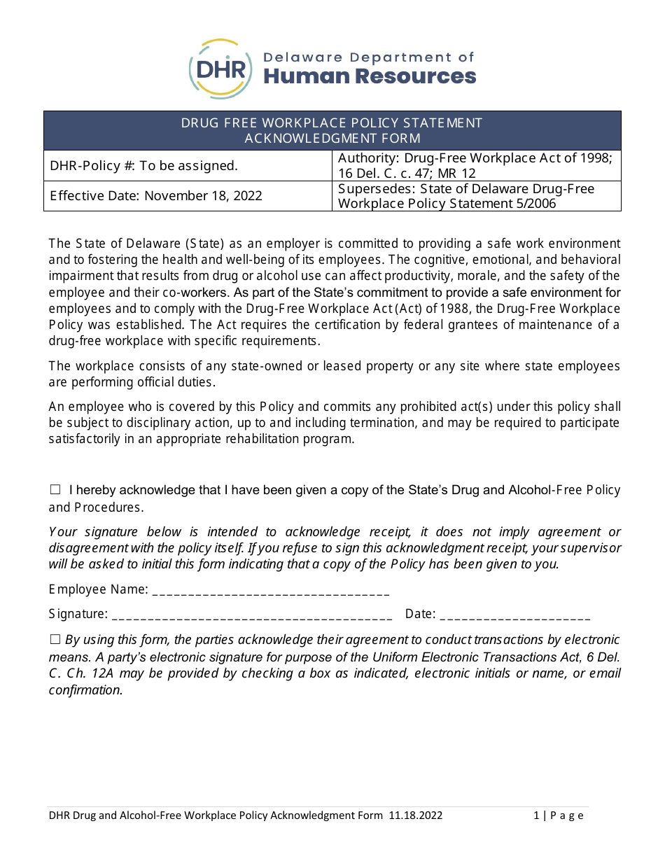 Drug-Free Workplace Policy Statement Acknowledgment Form - Delaware, Page 1