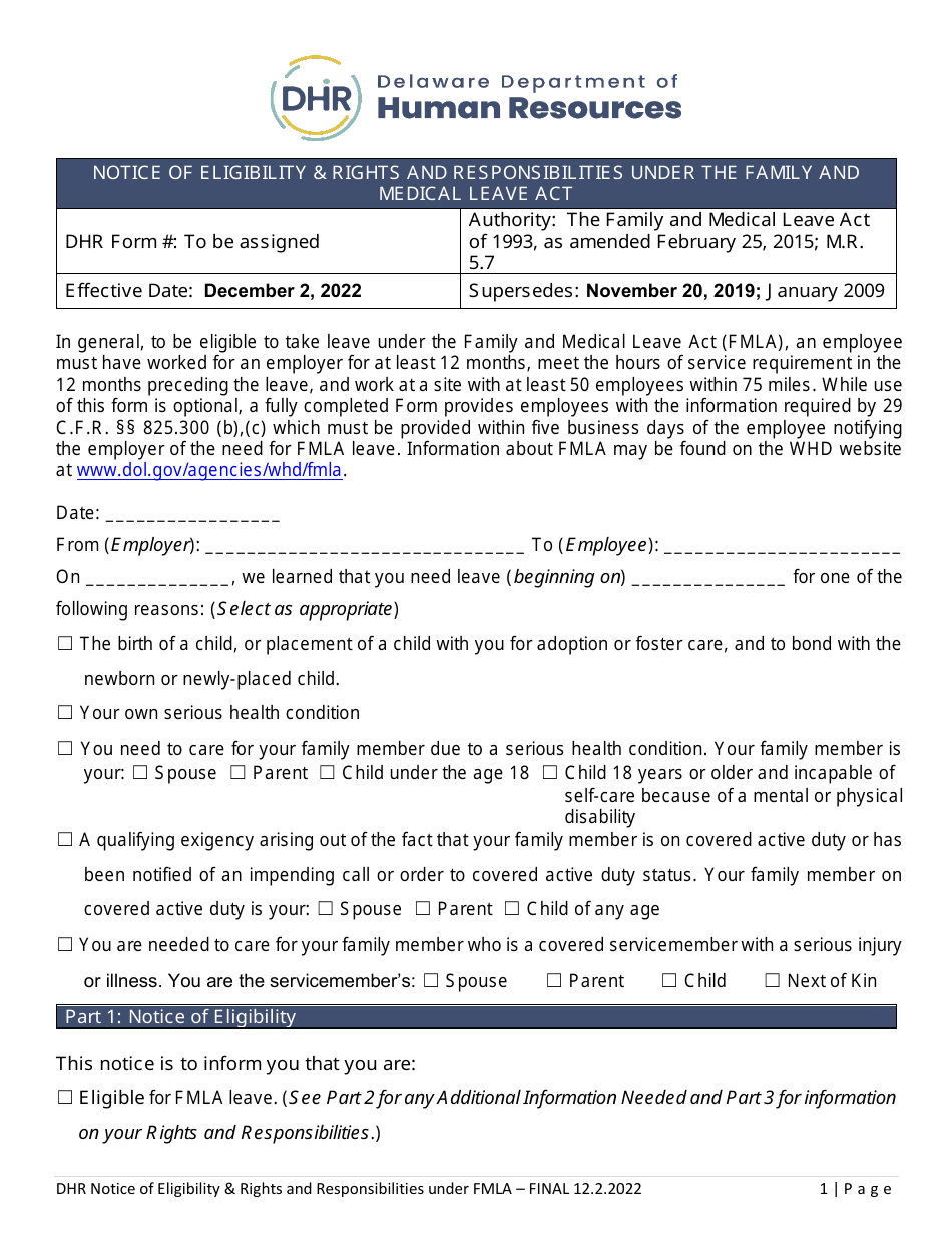 Notice of Eligibility  Rights and Responsibilities Under the Family and Medical Leave Act - Delaware, Page 1
