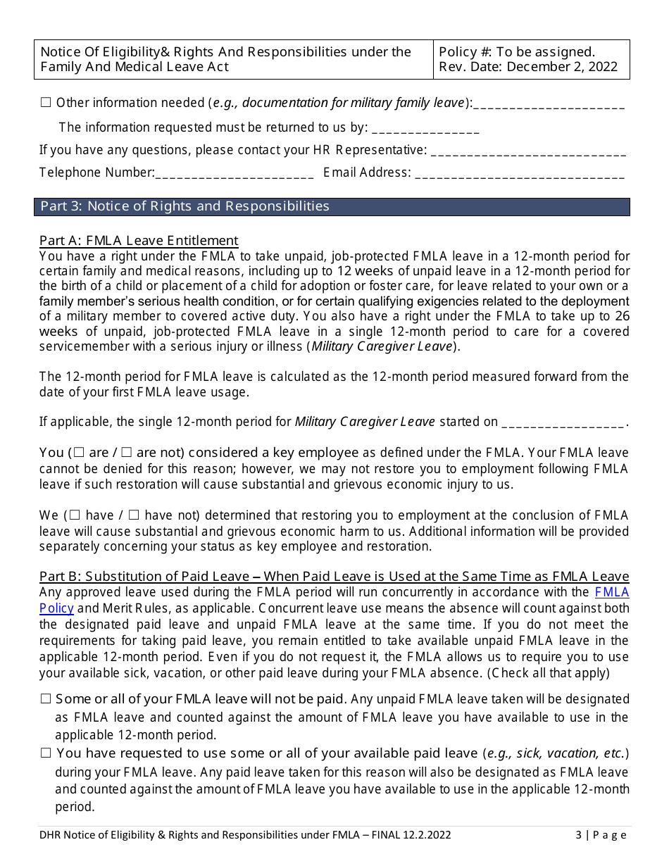 Notice of Eligibility  Rights and Responsibilities Under the Family and Medical Leave Act - Delaware, Page 3