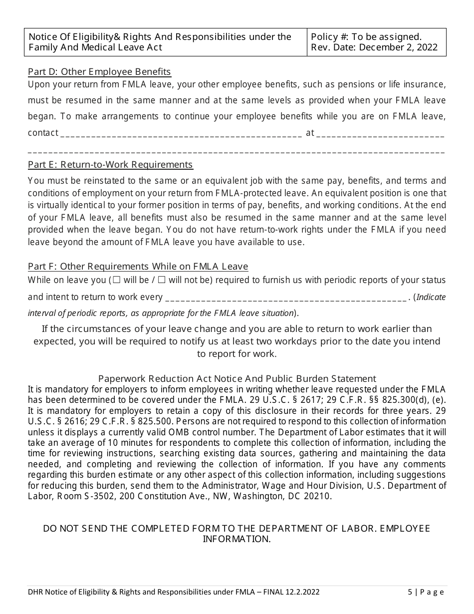 Notice of Eligibility  Rights and Responsibilities Under the Family and Medical Leave Act - Delaware, Page 5