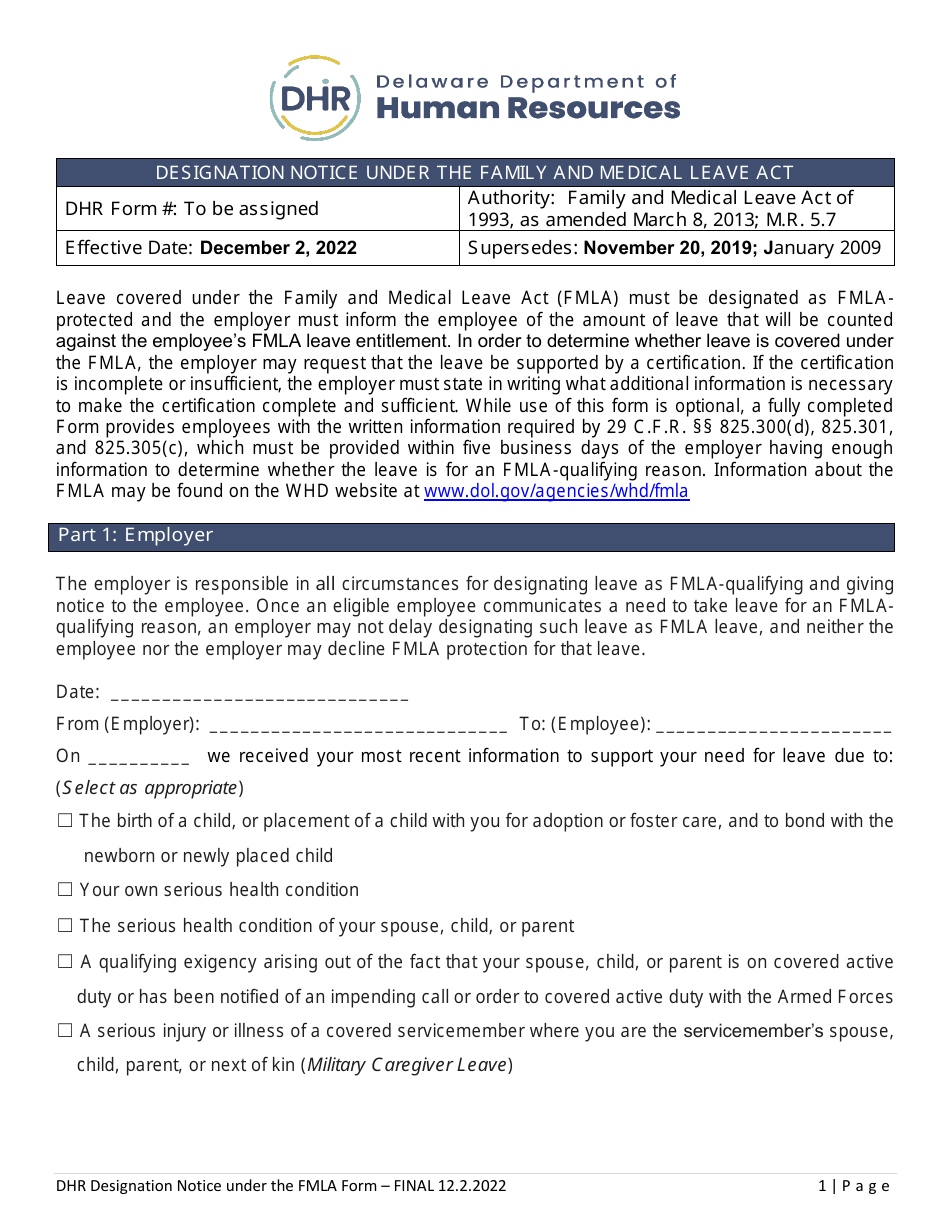 Delaware Designation Notice Under the Family and Medical Leave Act
