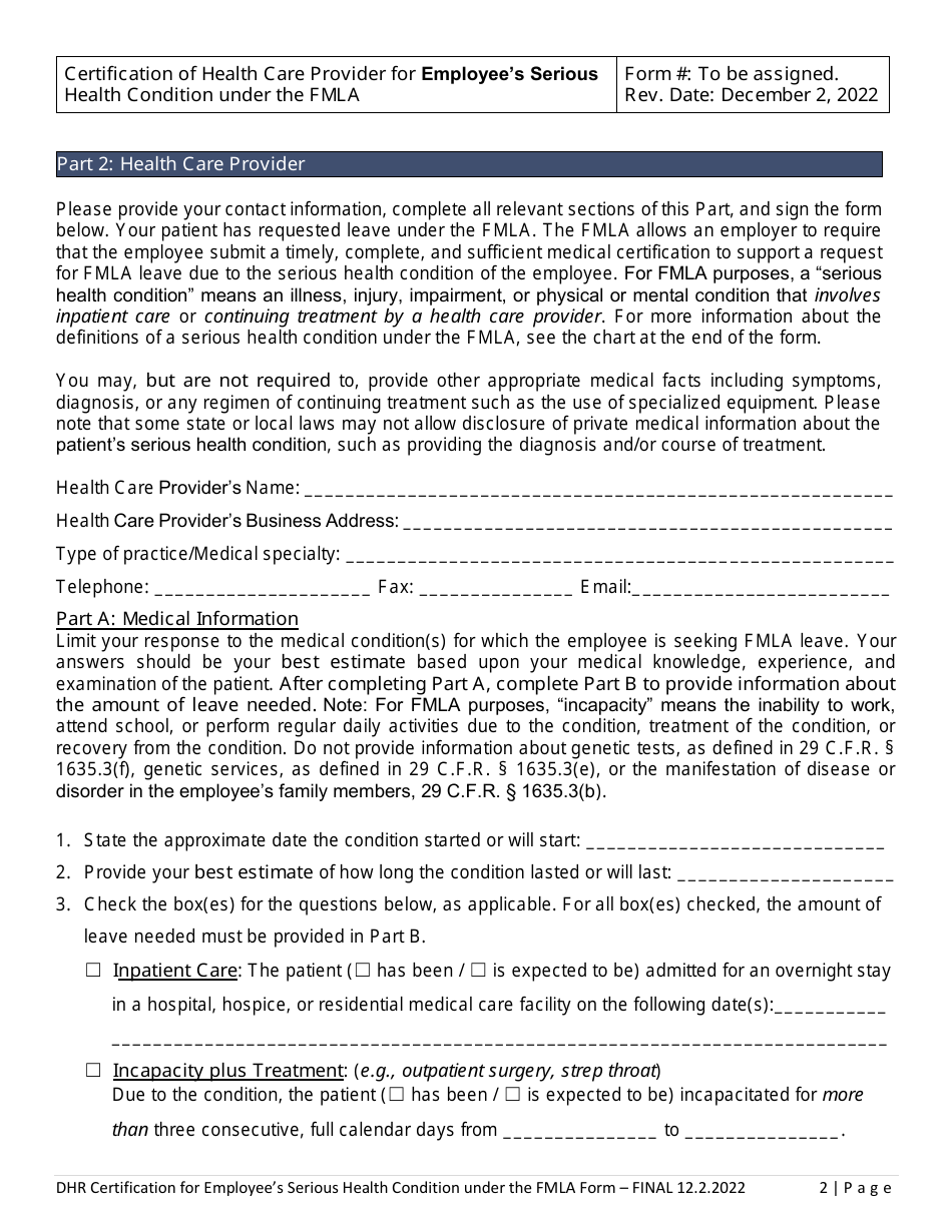 Certification of Health Care Provider for Employees Serious Health Condition Under the Family and Medical Leave Act - Delaware, Page 2