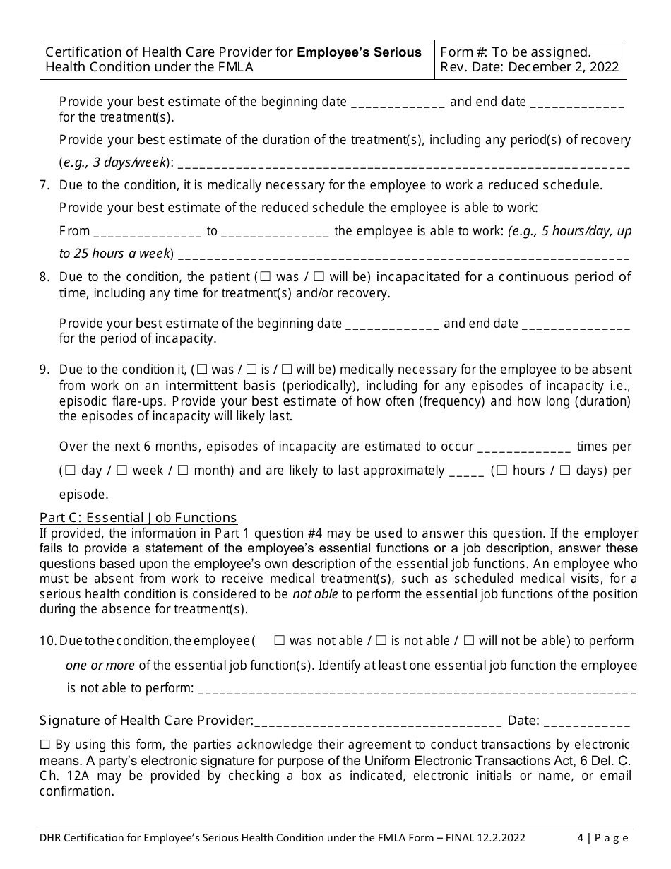 Delaware Certification of Health Care Provider for Employee's Serious