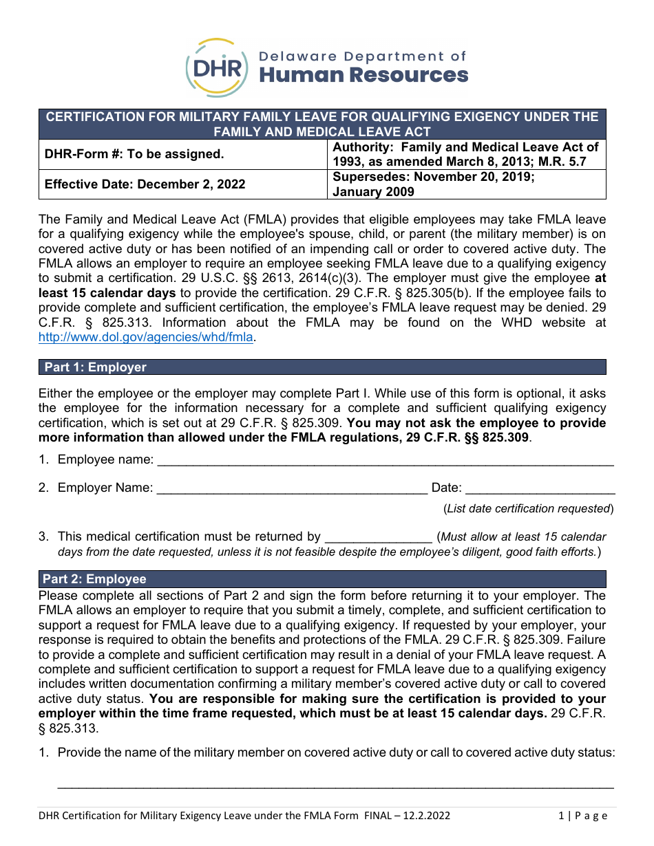 Certification for Military Family Leave for Qualifying Exigency Under the Family and Medical Leave Act - Delaware, Page 1