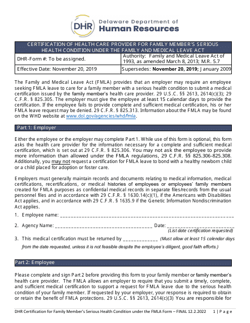Certification of Health Care Provider for Family Member's Serious Health Condition Under the Family and Medical Leave Act - Delaware Download Pdf