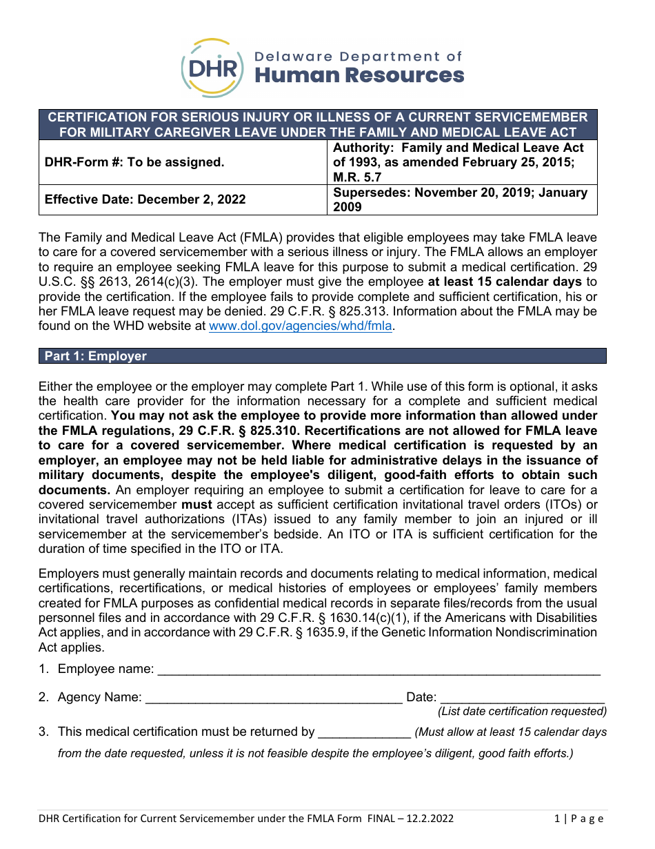 Certification for Serious Injury or Illness of a Current Servicemember for Military Caregiver Leave Under the Family and Medical Leave Act - Delaware, Page 1