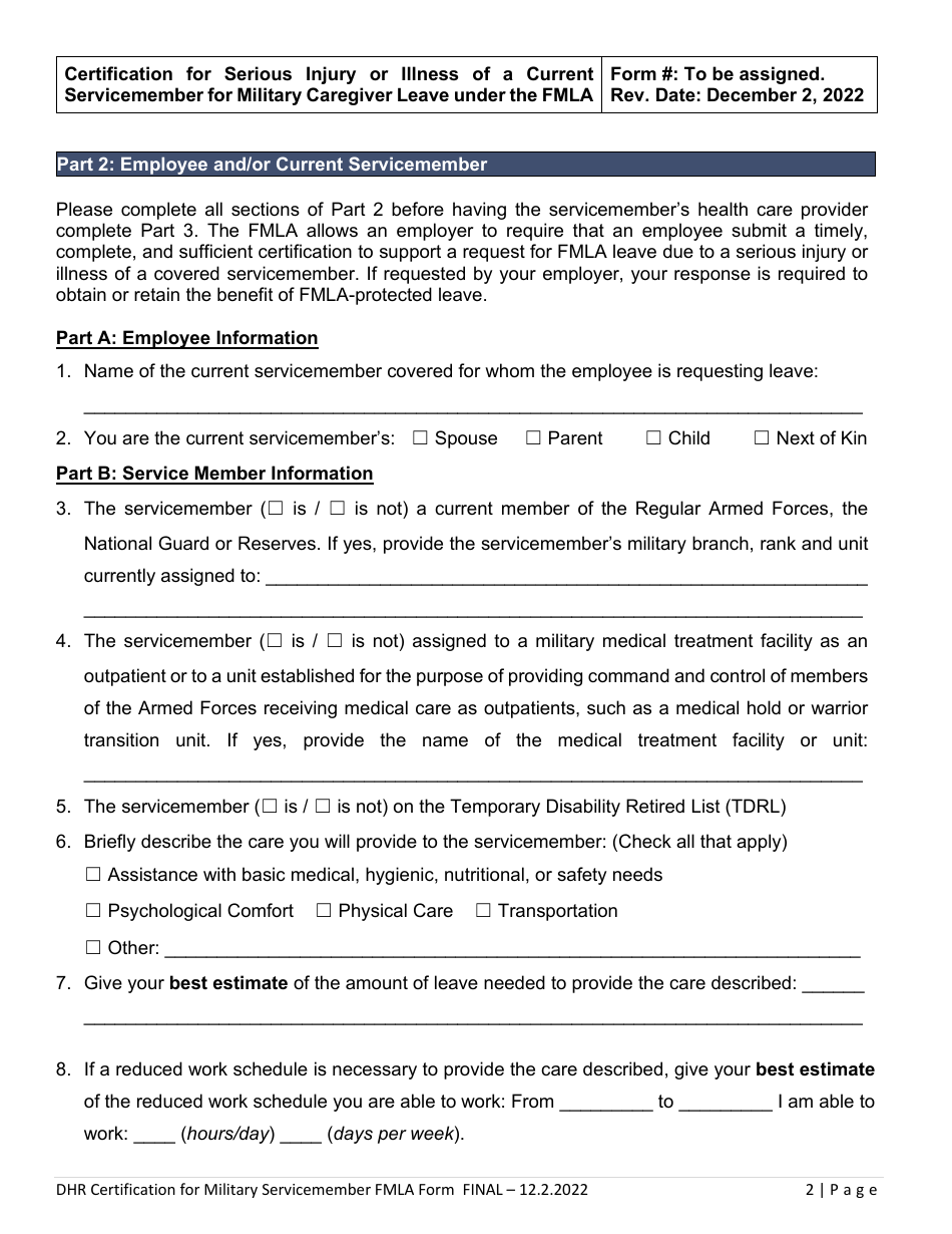 Certification for Serious Injury or Illness of a Current Servicemember for Military Caregiver Leave Under the Family and Medical Leave Act - Delaware, Page 2