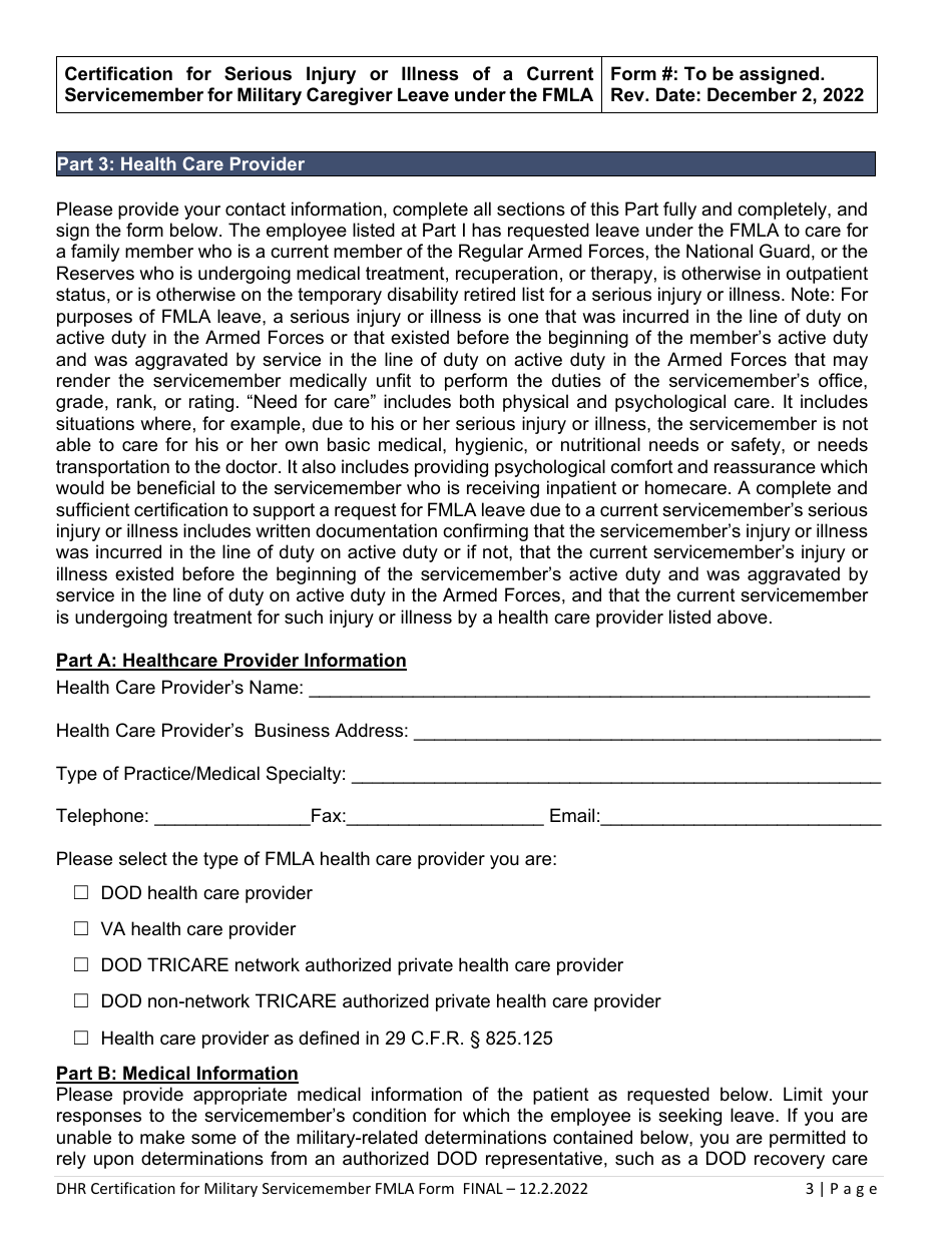 Certification for Serious Injury or Illness of a Current Servicemember for Military Caregiver Leave Under the Family and Medical Leave Act - Delaware, Page 3