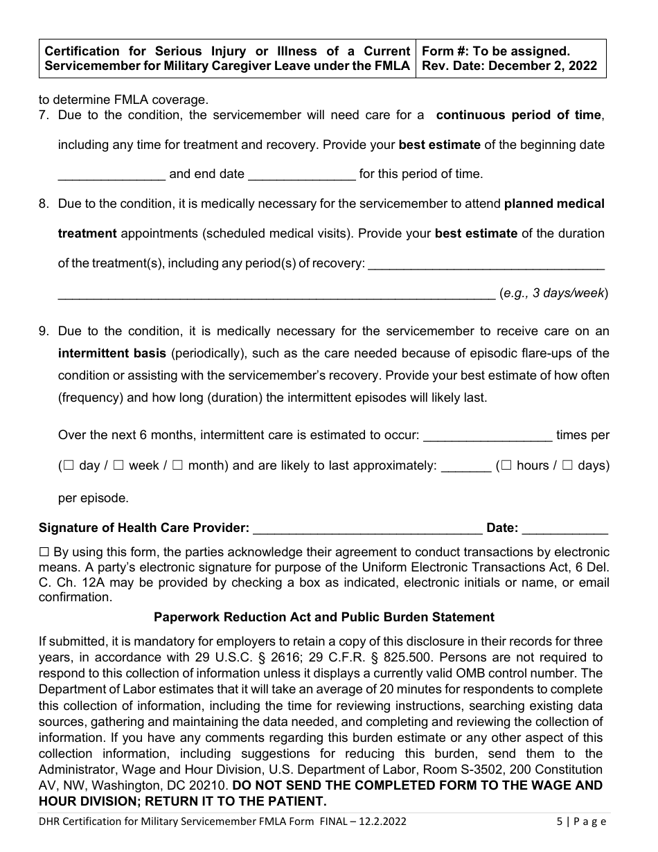 Certification for Serious Injury or Illness of a Current Servicemember for Military Caregiver Leave Under the Family and Medical Leave Act - Delaware, Page 5