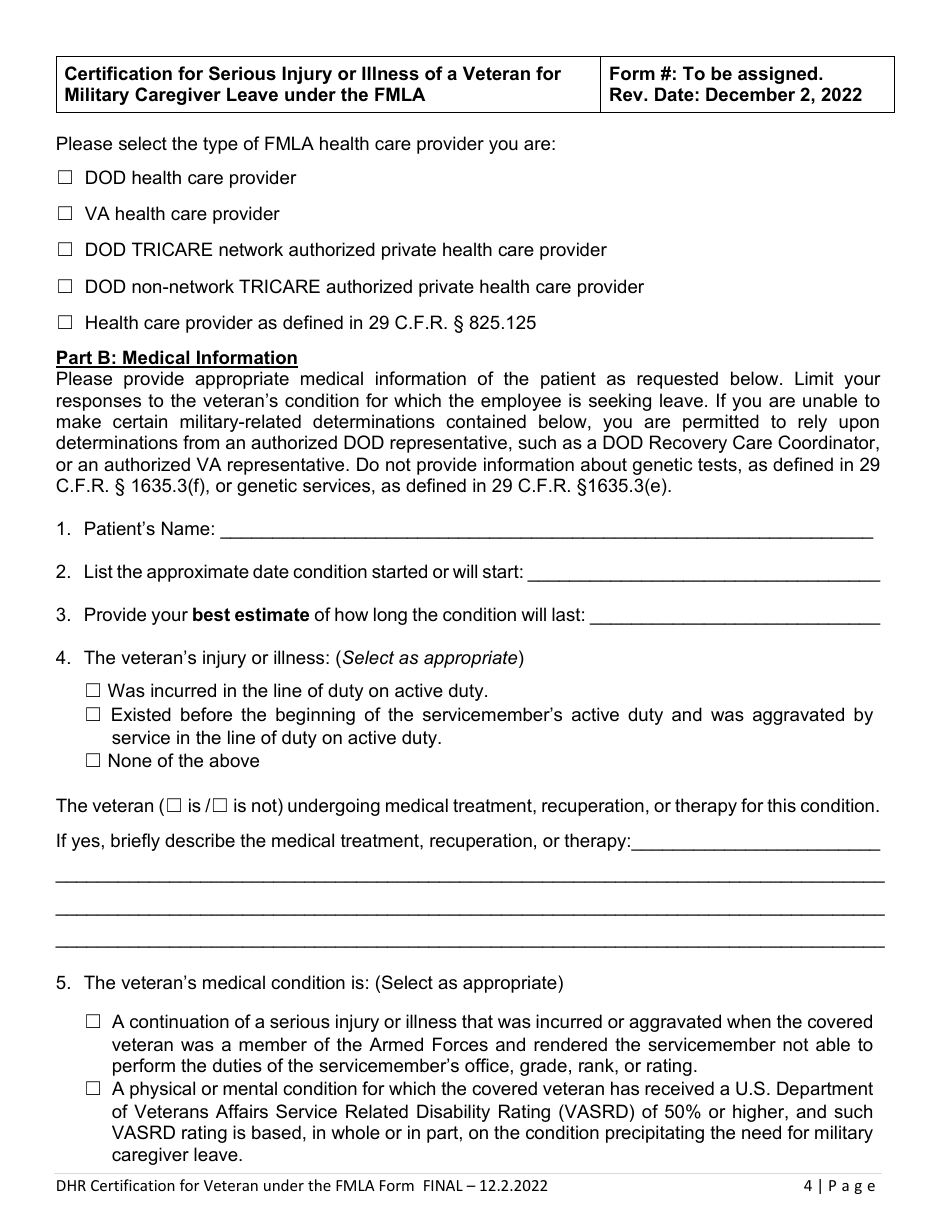 Certification of Serious Injury or Illness of a Veteran for Military Caregiver Leave Under the Family and Medical Leave Act - Delaware, Page 4