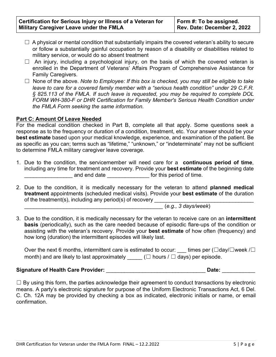 Certification of Serious Injury or Illness of a Veteran for Military Caregiver Leave Under the Family and Medical Leave Act - Delaware, Page 5