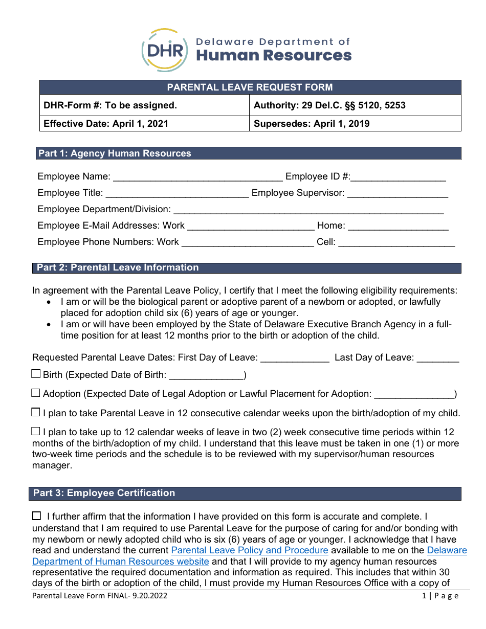 Parental Leave Request Form - Delaware, Page 1