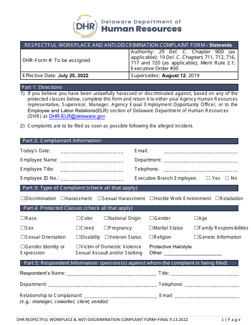 Respectful Workplace and Anti-discrimination Complaint Form - Statewide - Delaware Download Pdf