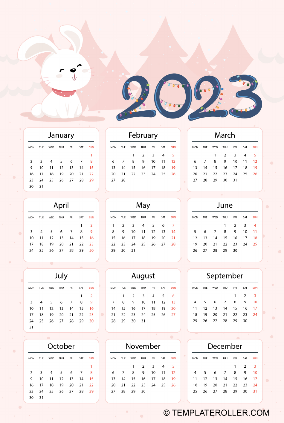 2023 Yearly Calendar Download Printable PDF | Templateroller