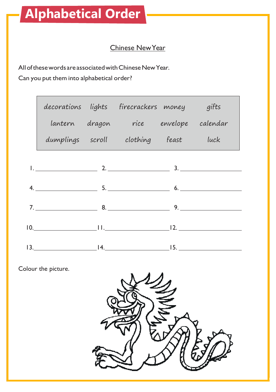 Chinese New Year Worksheet - Alphabetical Order preview