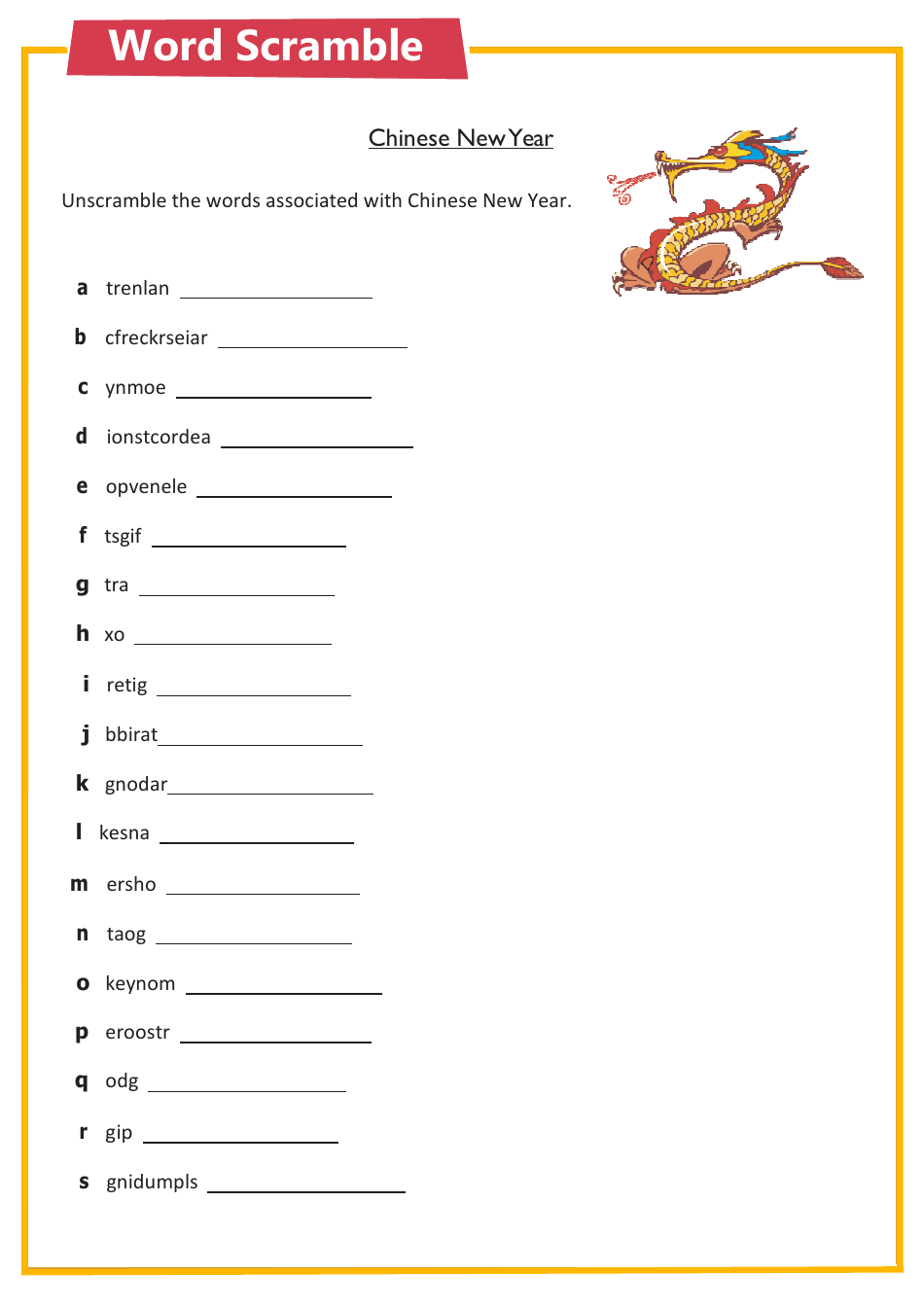 Chinese New Year Word Scramble - Fun Game for Celebrating the Lunar New Year
