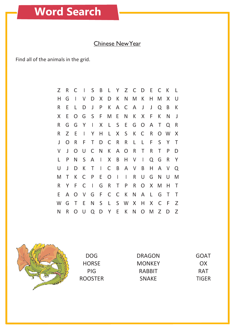 Chinese New Year word search puzzle. Find hidden Chinese New Year related words in this entertaining activity.