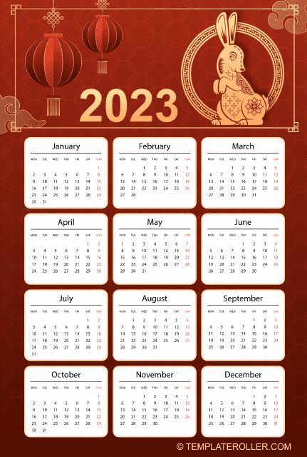 2023 Chinese New Year Calendar - The traditional lunar calendar for the year 2023 in China depicting the world-renowned Chinese New Year festivities, including significant dates and auspicious symbols.