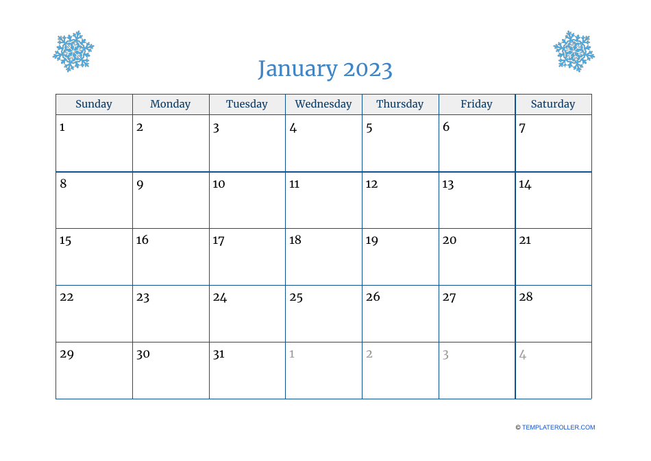 January 2023 Calendar Template Download Printable PDF | Templateroller