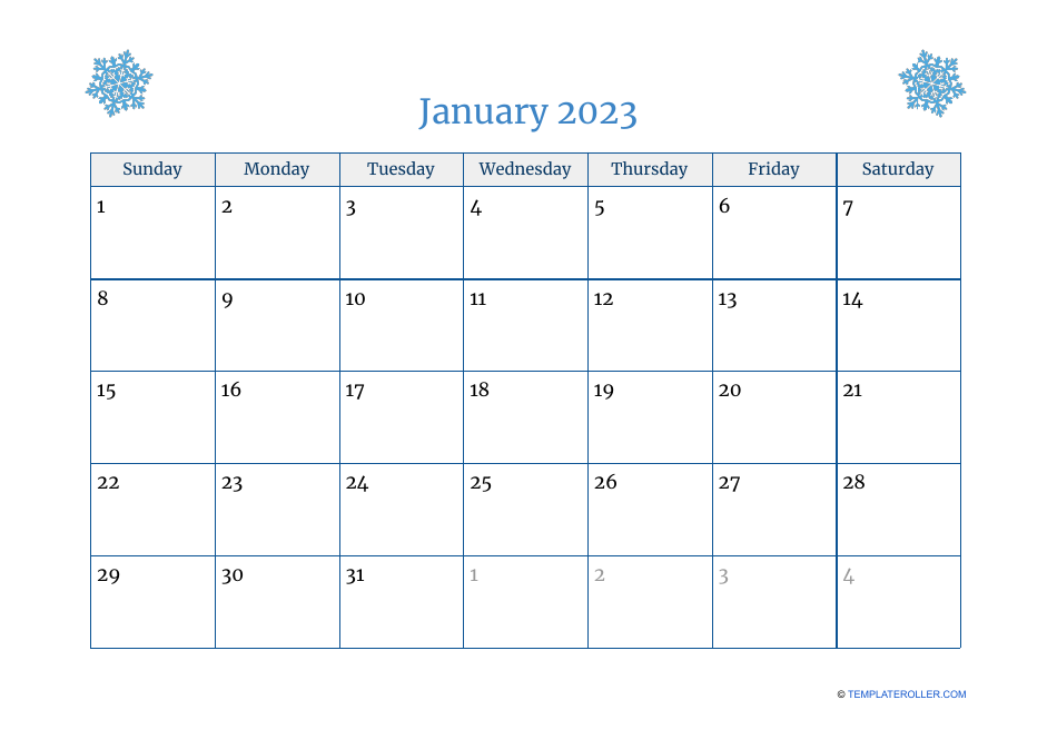 January 2023 Calendar Template - Printable and Editable