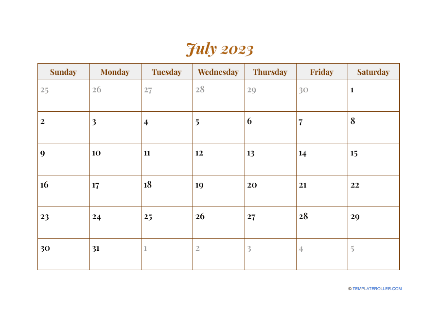 July 2023 Calendar Template - Printable monthly calendar for July 2023 with customizable days and holidays.