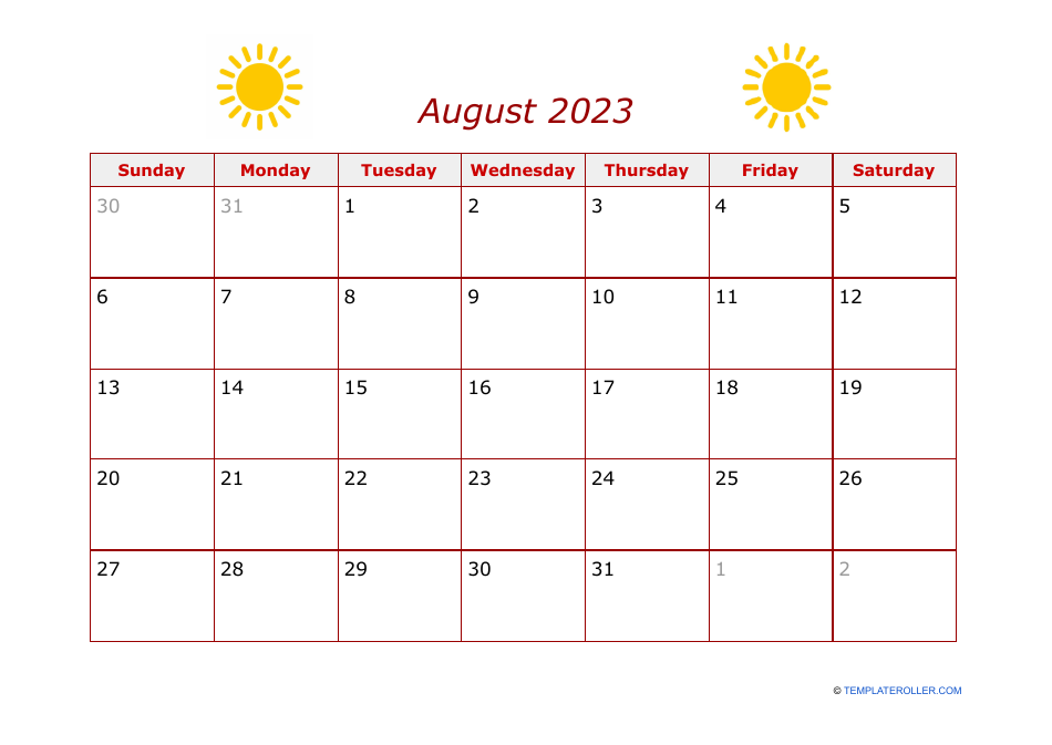 August 2023 Calendar Template - A printable calendar template for August 2023.