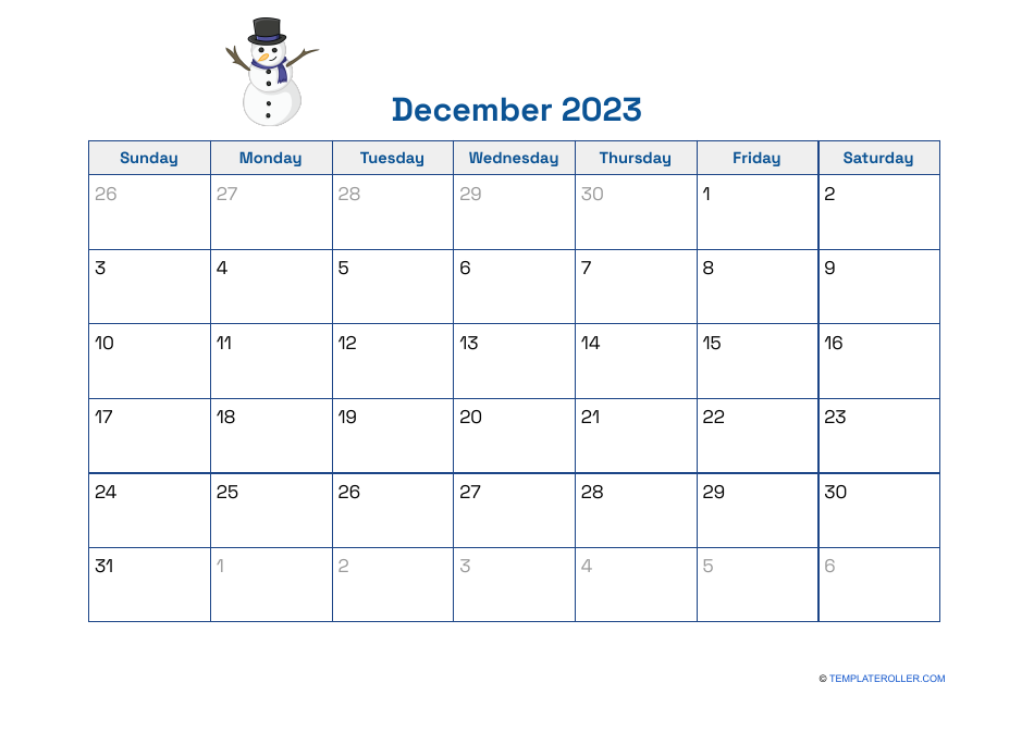 December 2023 Calendar Template - Preview