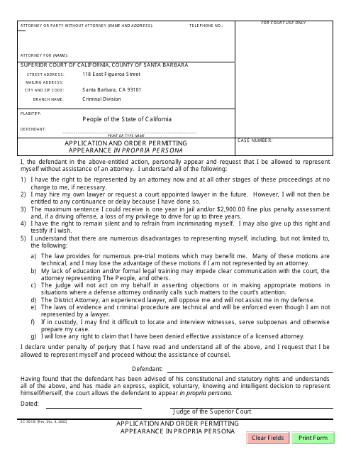 Formulario SC-3013S Application and Order Permitting Appearance in Propria Persona - Santa Barbara County, California (Spanish)