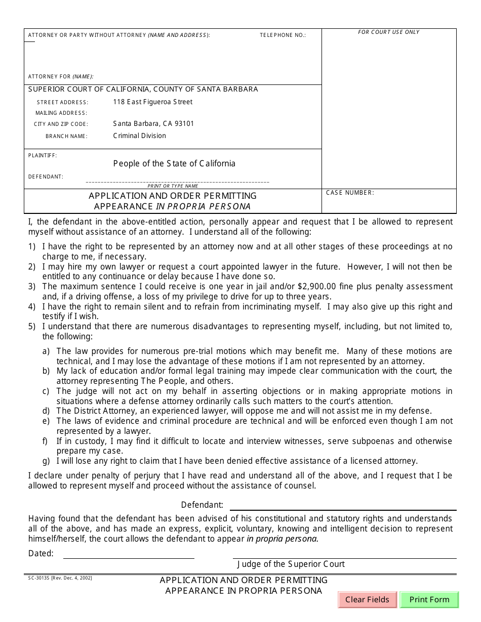 Formulario SC-3013S Application and Order Permitting Appearance in Propria Persona - Santa Barbara County, California (Spanish), Page 1