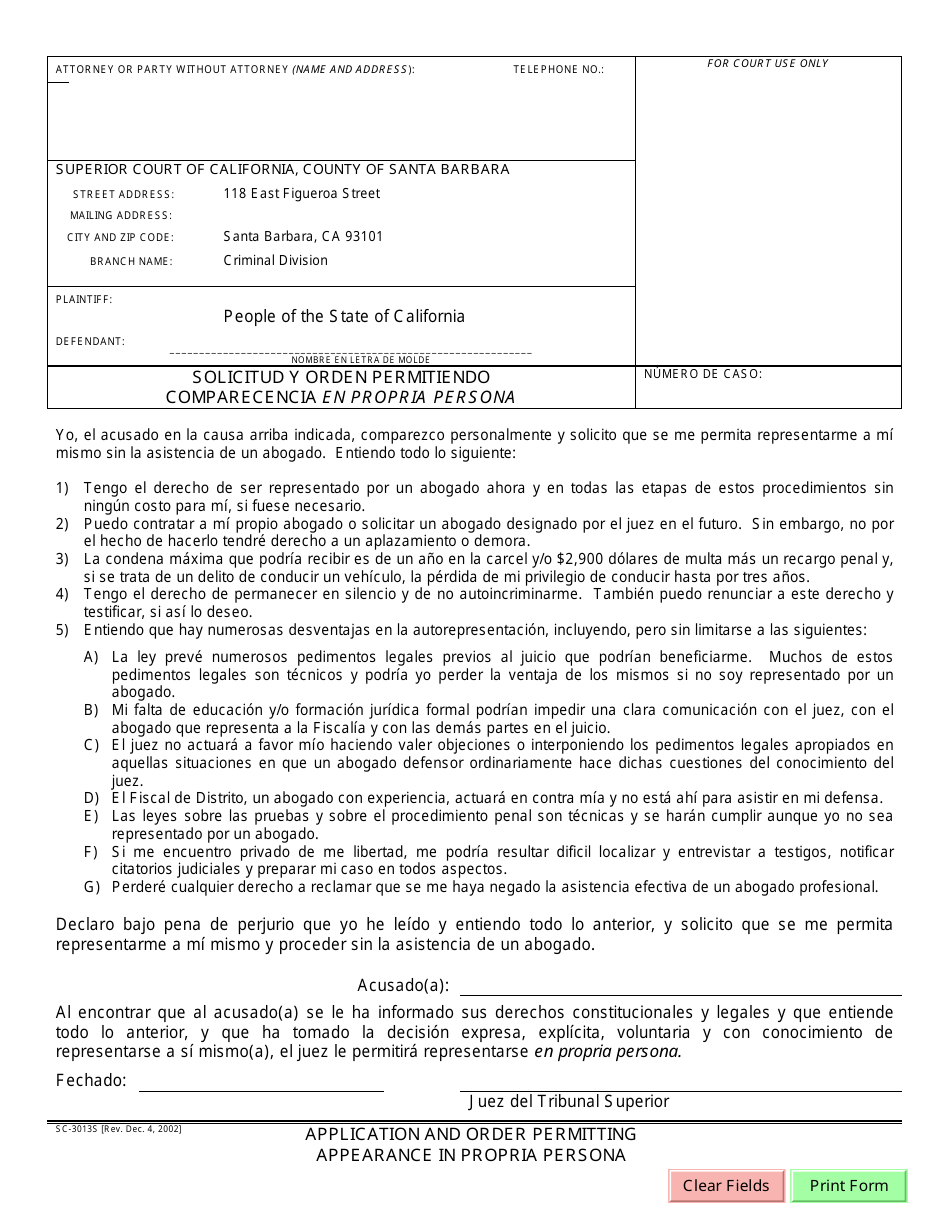 Formulario SC-3013S Application and Order Permitting Appearance in Propria Persona - Santa Barbara County, California (Spanish), Page 2