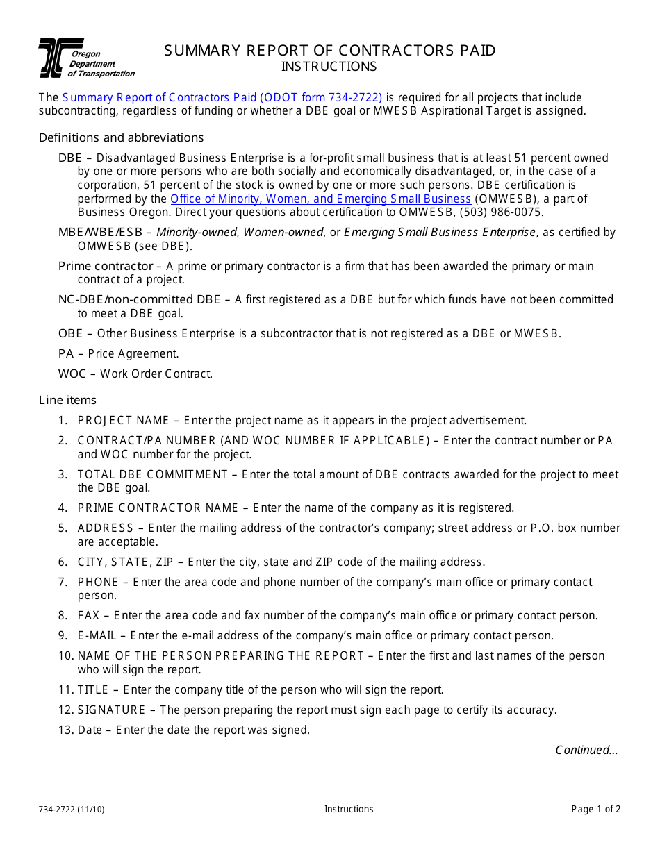 Instructions for Form 734-2722 Summary Report of Contractors Paid - Oregon, Page 1