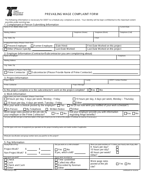 Form 734-2547 Prevailing Wage Complaint Form - Oregon