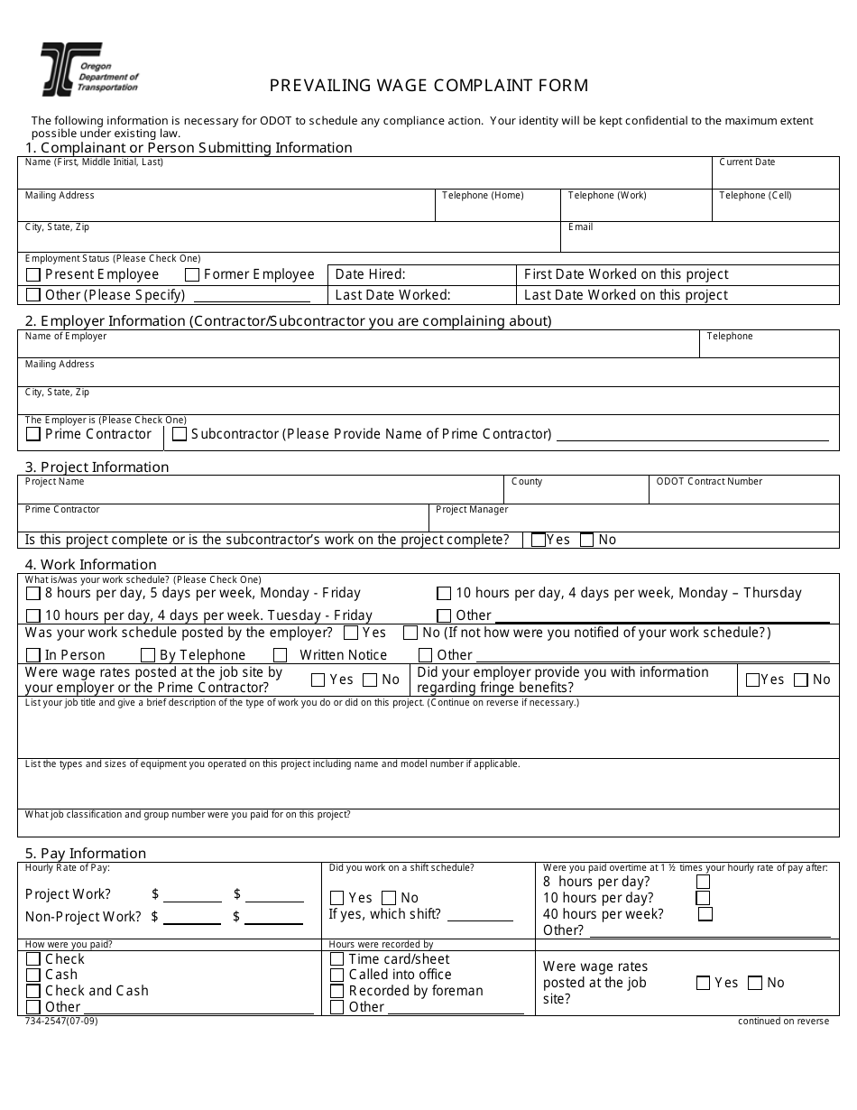 Form 734-2547 Prevailing Wage Complaint Form - Oregon, Page 1
