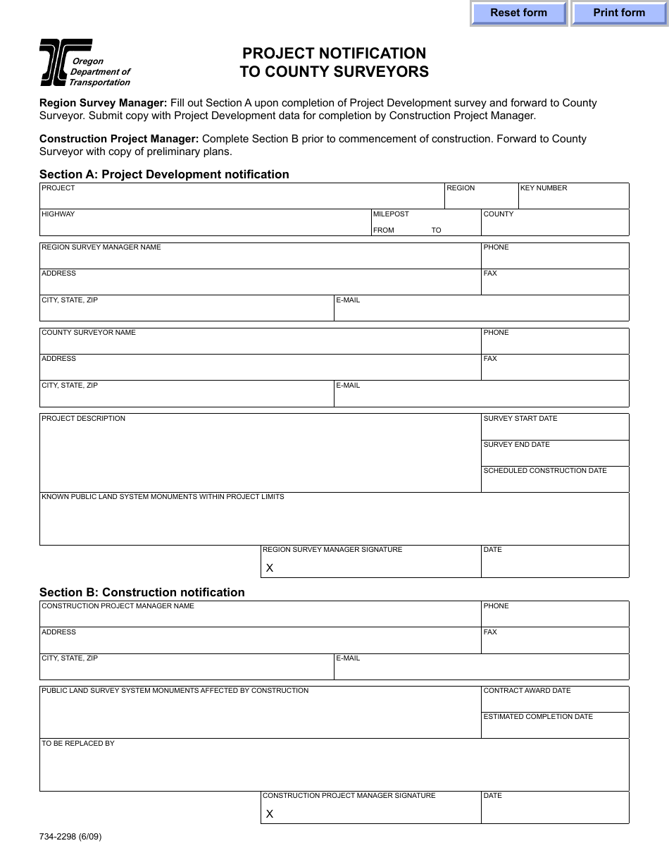 Form 734-2298 Project Notification to County Surveyors - Oregon, Page 1