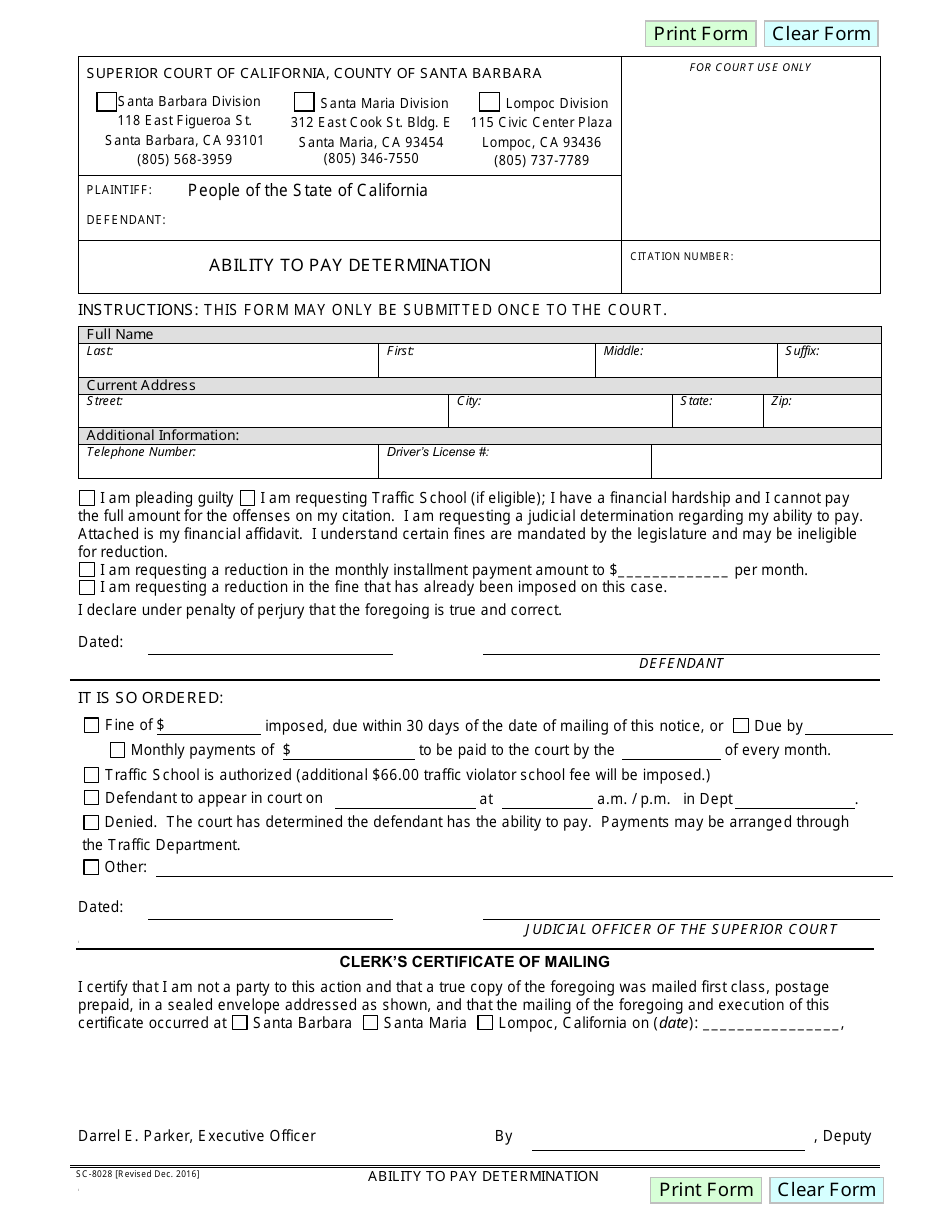 Form SC-8028 Ability to Pay Determination - Santa Barbara County, California, Page 1
