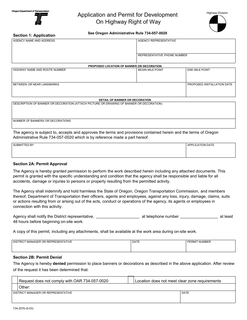 Form 734-2576 Application and Permit for Development on Highway Right of Way - Oregon, Page 1