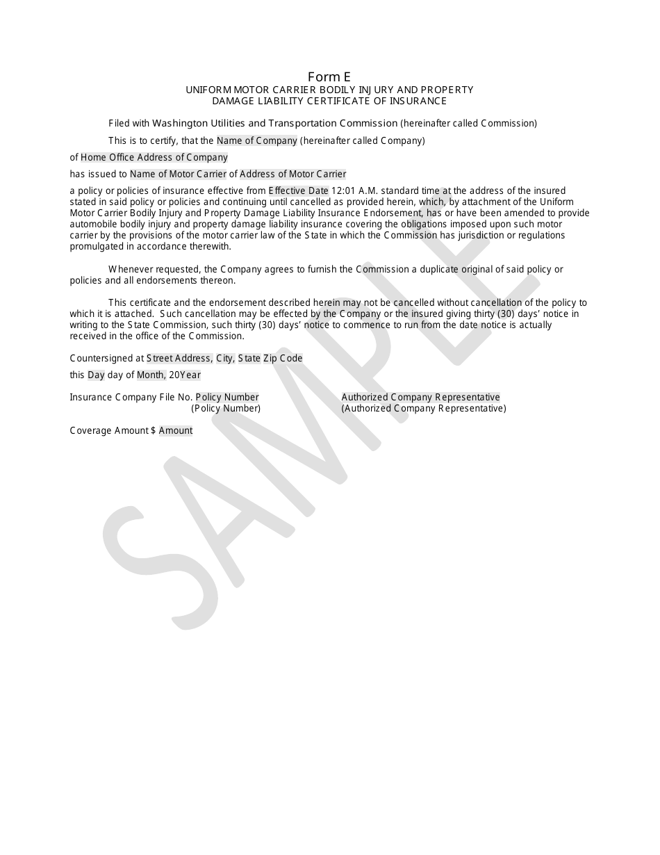 Form E Uniform Motor Carrier Bodily Injury and Property Damage Liability Certificate of Insurance - Sample - Washington, Page 1