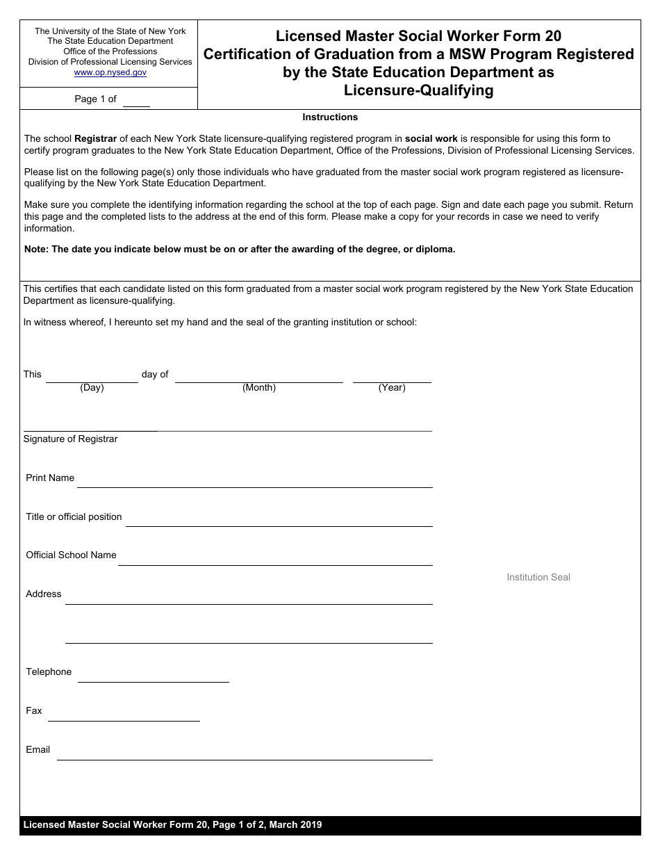 Licensed Master Social Worker Form 20 Certification of Graduation From a Msw Program Registered by the State Education Department as Licensure-Qualifying - New York, Page 1