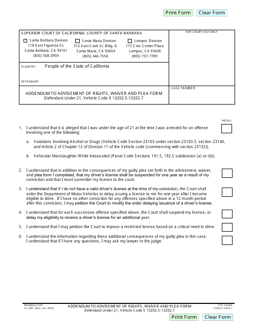 Form SC-3001 Addendum to Advisement of Rights, Waiver and Plea Form - Santa Barbara County, California
