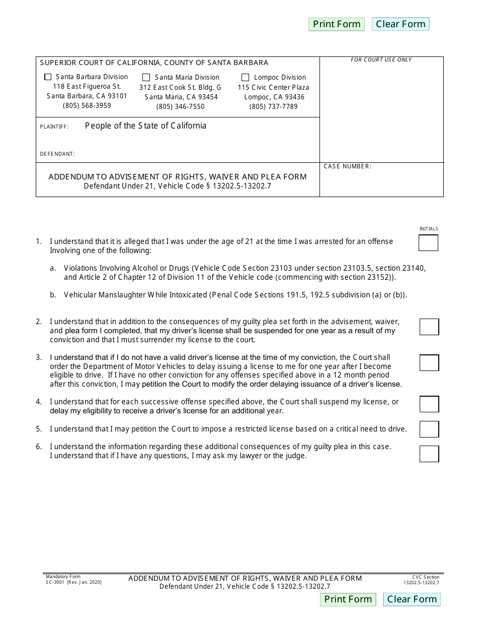 Form SC-3001 Addendum to Advisement of Rights, Waiver and Plea Form - Santa Barbara County, California, Page 1