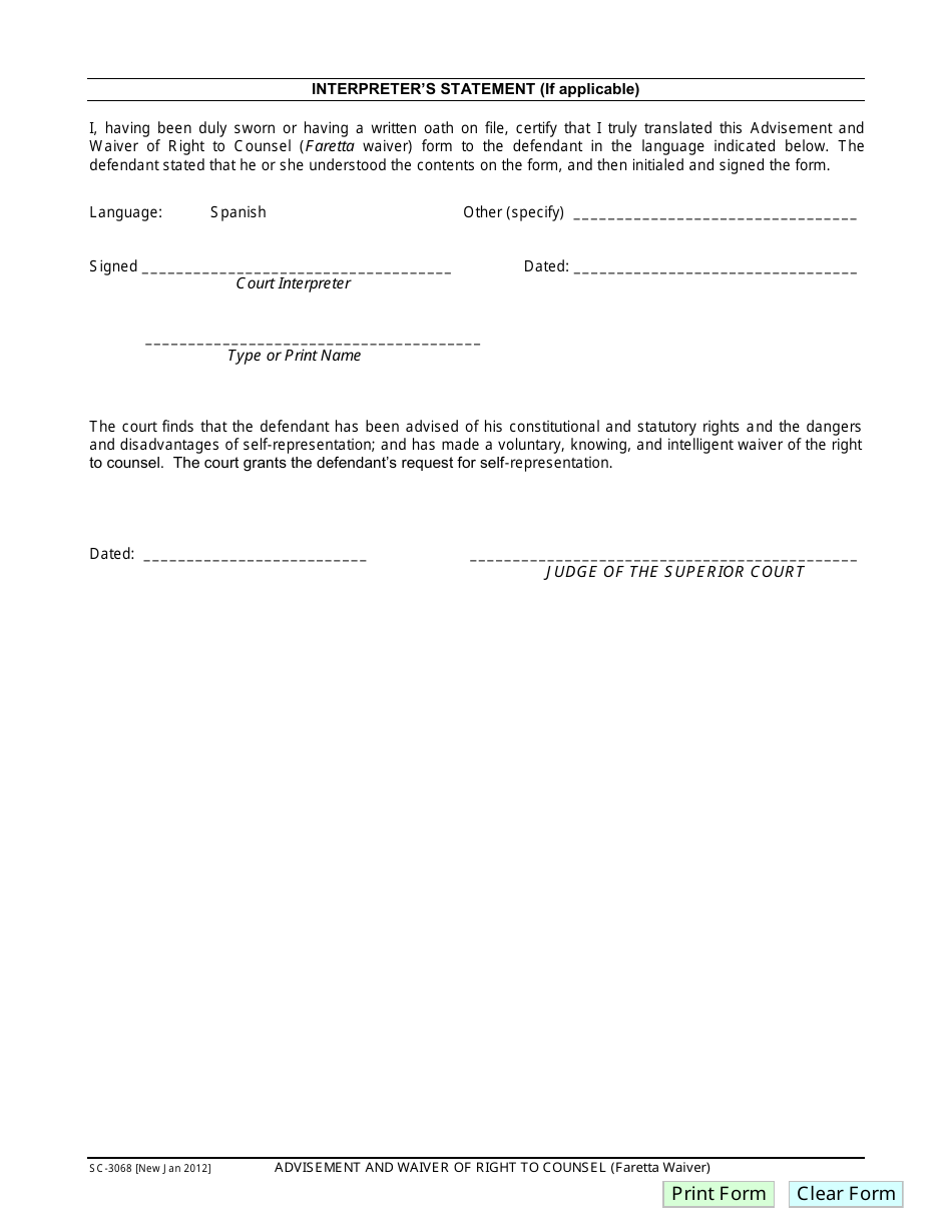 Form SC-3068 Advisement and Waiver of Right to Counsel (Faretta Waiver) - Santa Barbara County, California, Page 4