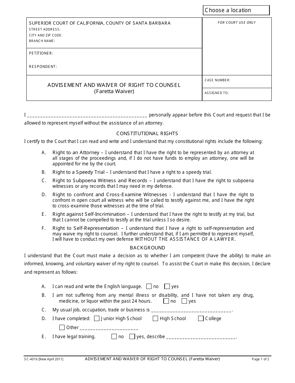 Form SC-4016 Advisement and Waiver of Right to Counsel (Faretta Waiver) - County of Santa Barbara, California, Page 1
