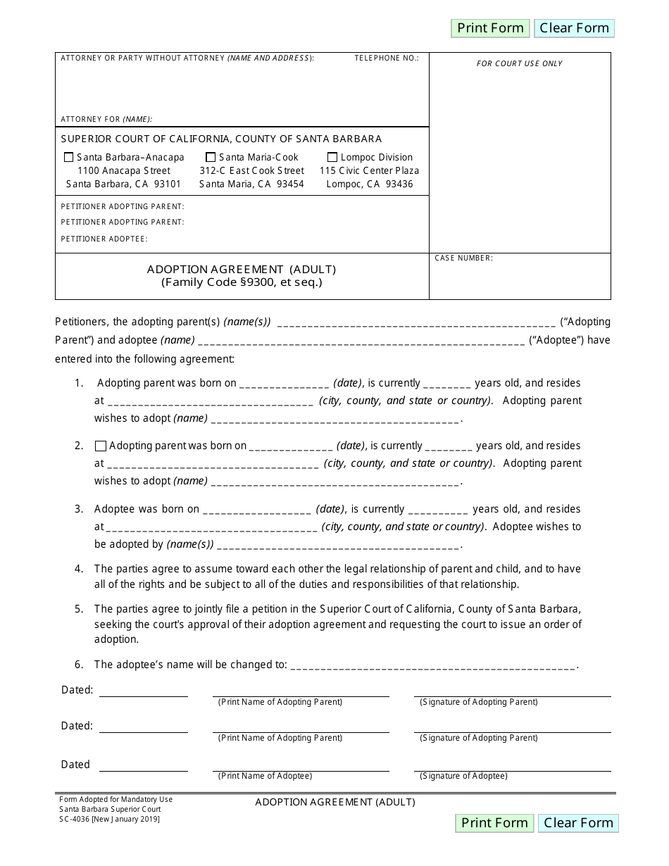 Form SC-4036 Adoption Agreement (Adult) - County of Santa Barbara, California, Page 1