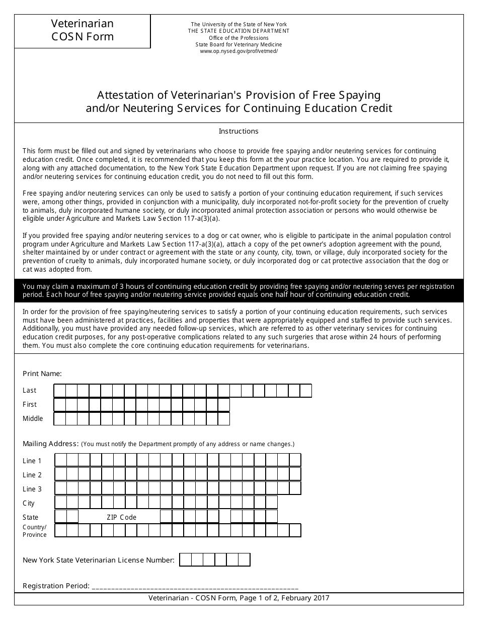 Veterinarian Form COSN Attestation of Veterinarians Provision of Free Spaying and / or Neutering Services for Continuing Education Credit - New York, Page 1