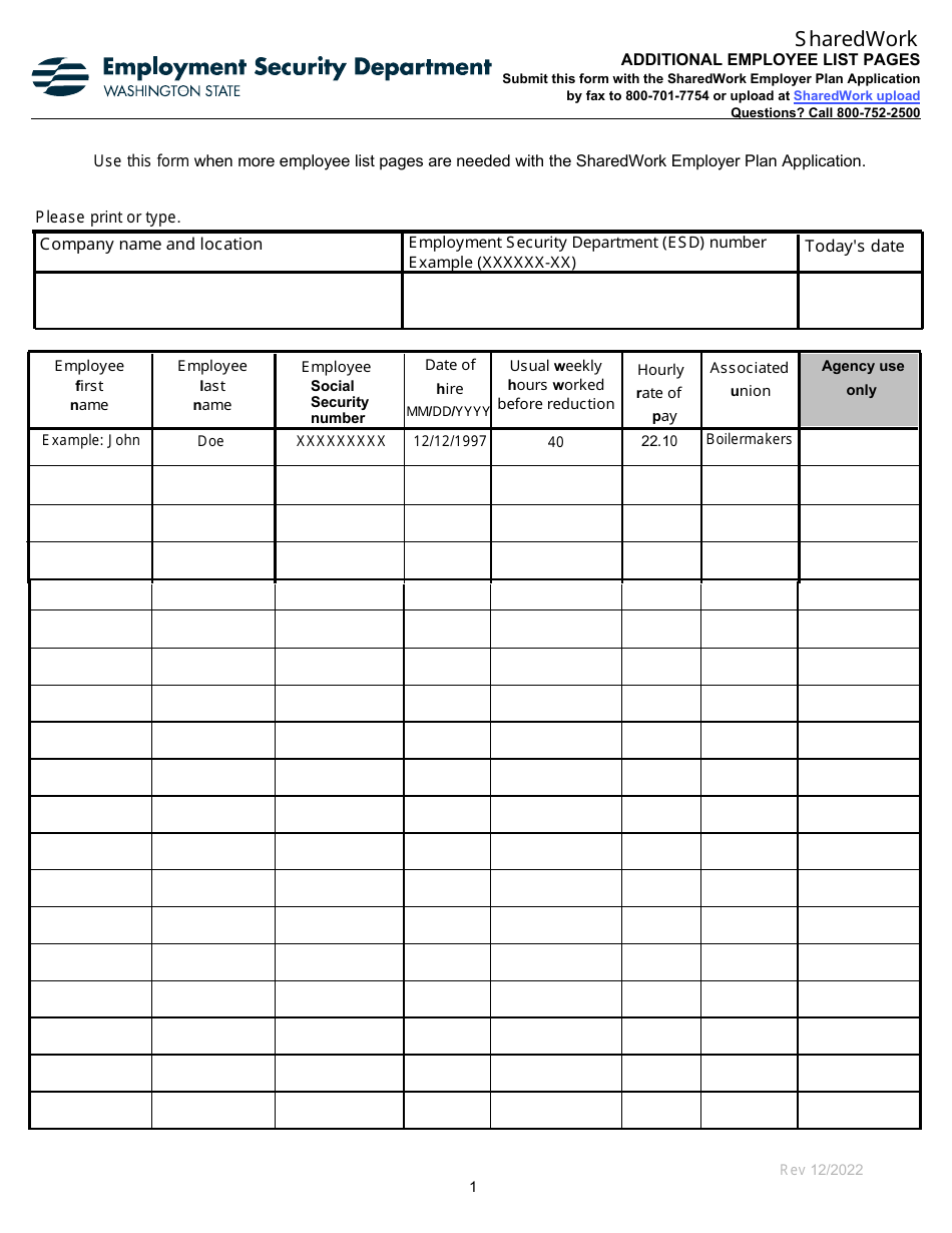 Additional Employee List Pages - Sharedwork - Washington, Page 1