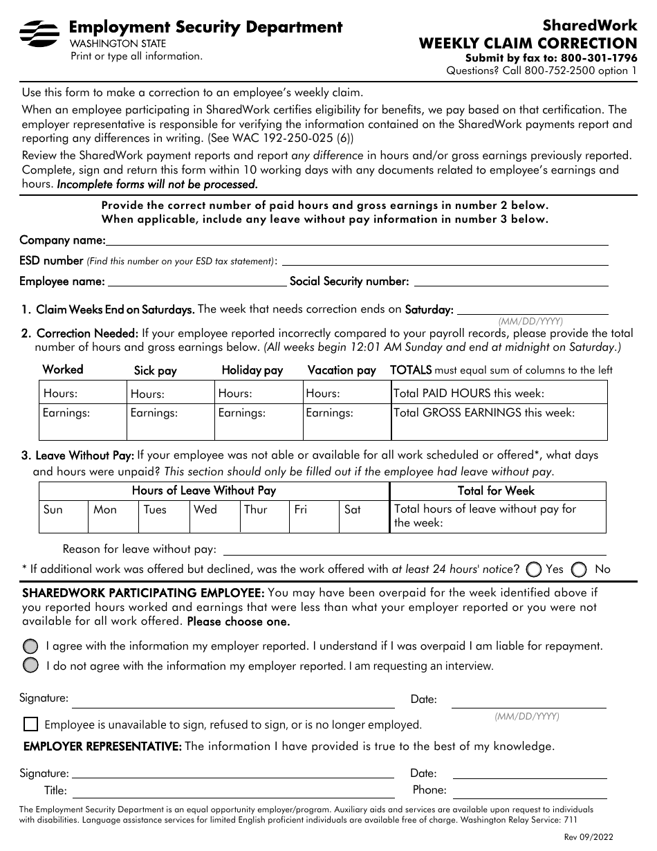 Washington Sharedwork Weekly Claim Correction Fill Out Sign Online And Download Pdf 2764
