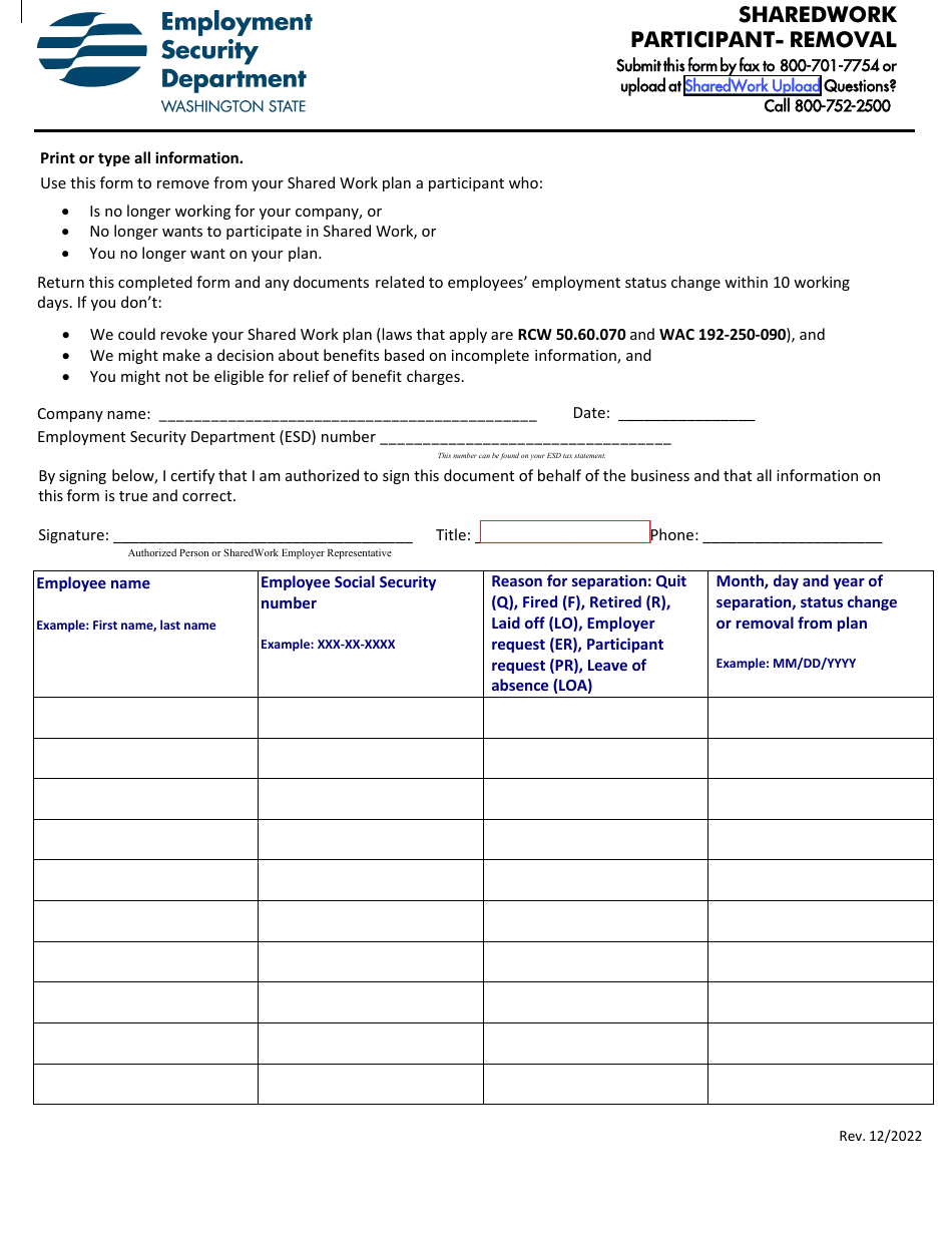 Sharedwork Participant - Removal - Washington, Page 1