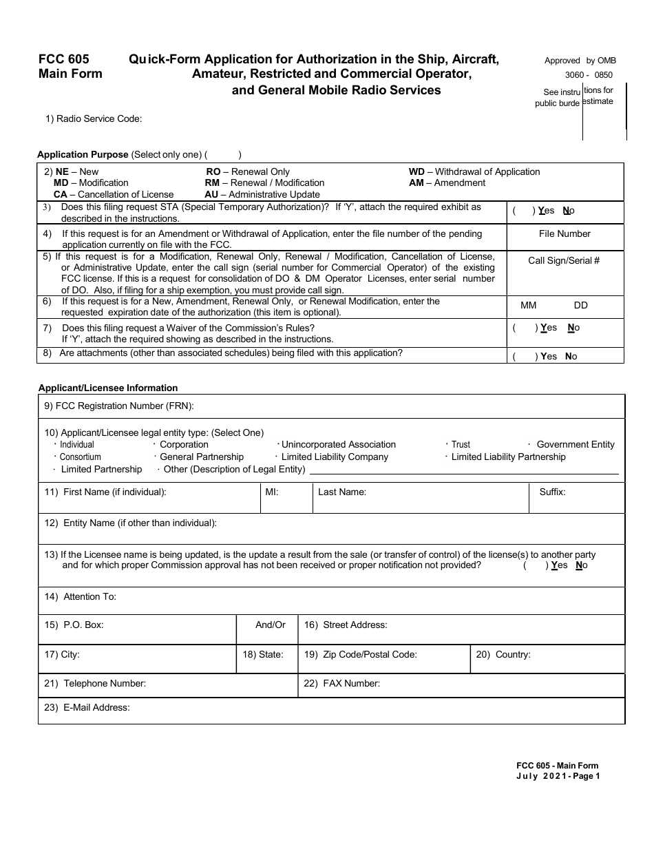 FCC Form 605 Quick-Form Application for Authorization in the Ship, Aircraft, Amateur, Restricted and Commercial Operator, and General Mobile Radio Services, Page 10