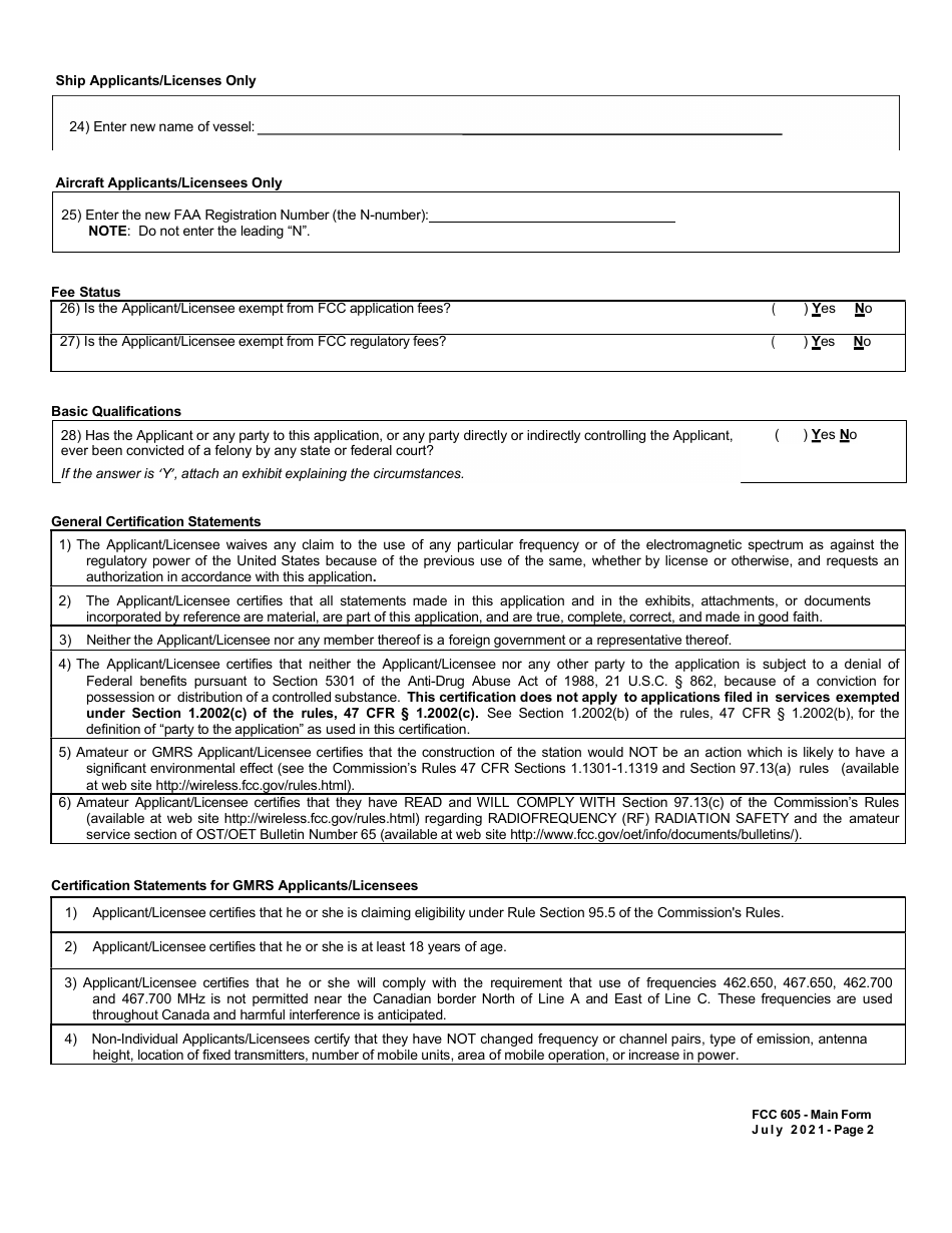 FCC Form 605 Quick-Form Application for Authorization in the Ship, Aircraft, Amateur, Restricted and Commercial Operator, and General Mobile Radio Services, Page 11